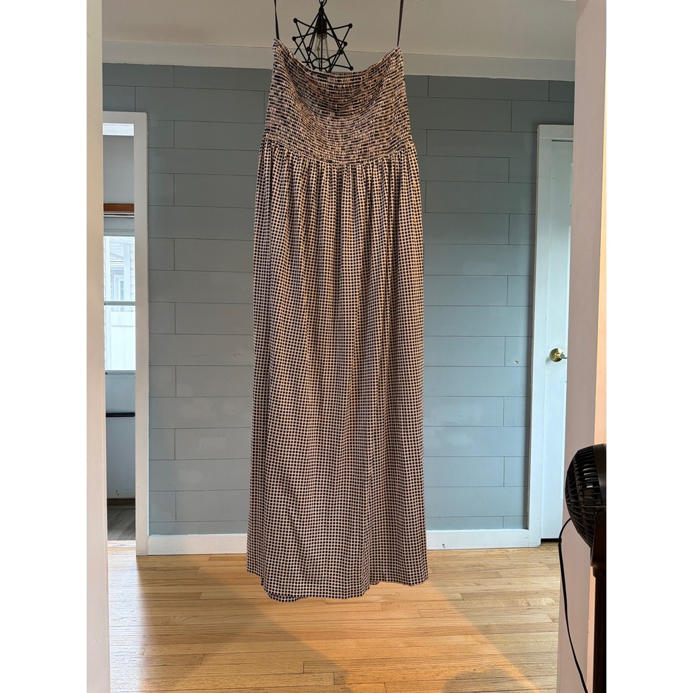 Tory Burch Silk Cotton Polka Dot Smocked Strapless Maxi Dress Navy Cream XL